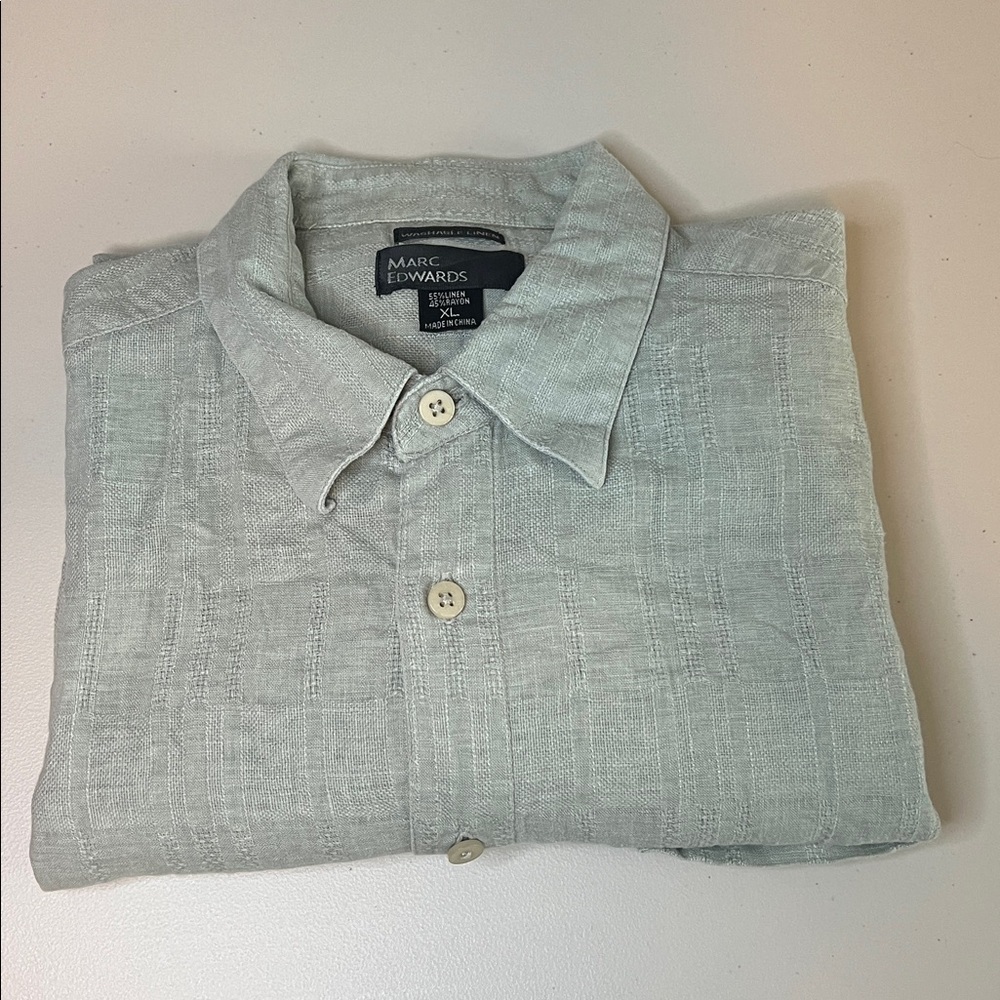 Marc Edwards Washable Linen Casual Button Down Shirt Green Size XL